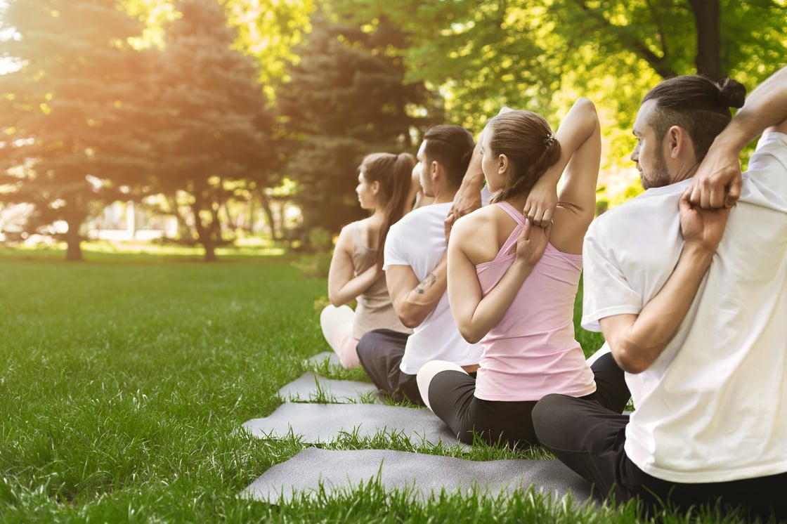 Group of people practicing yoga in park